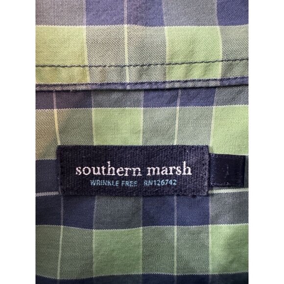 Southern Marsh Shirt Mens M Button-Down Long-Sleeve Green Blue Plaid Checkered - Picture 2 of 11